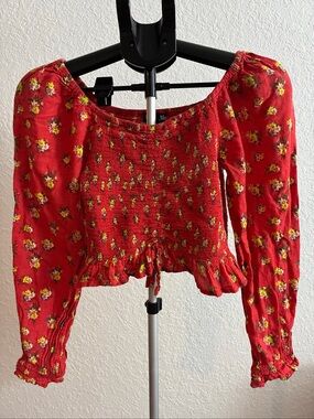 Iky & Me 100% Cotton Stretchy Red Cropped Blouse With Marigold Floral (S)
